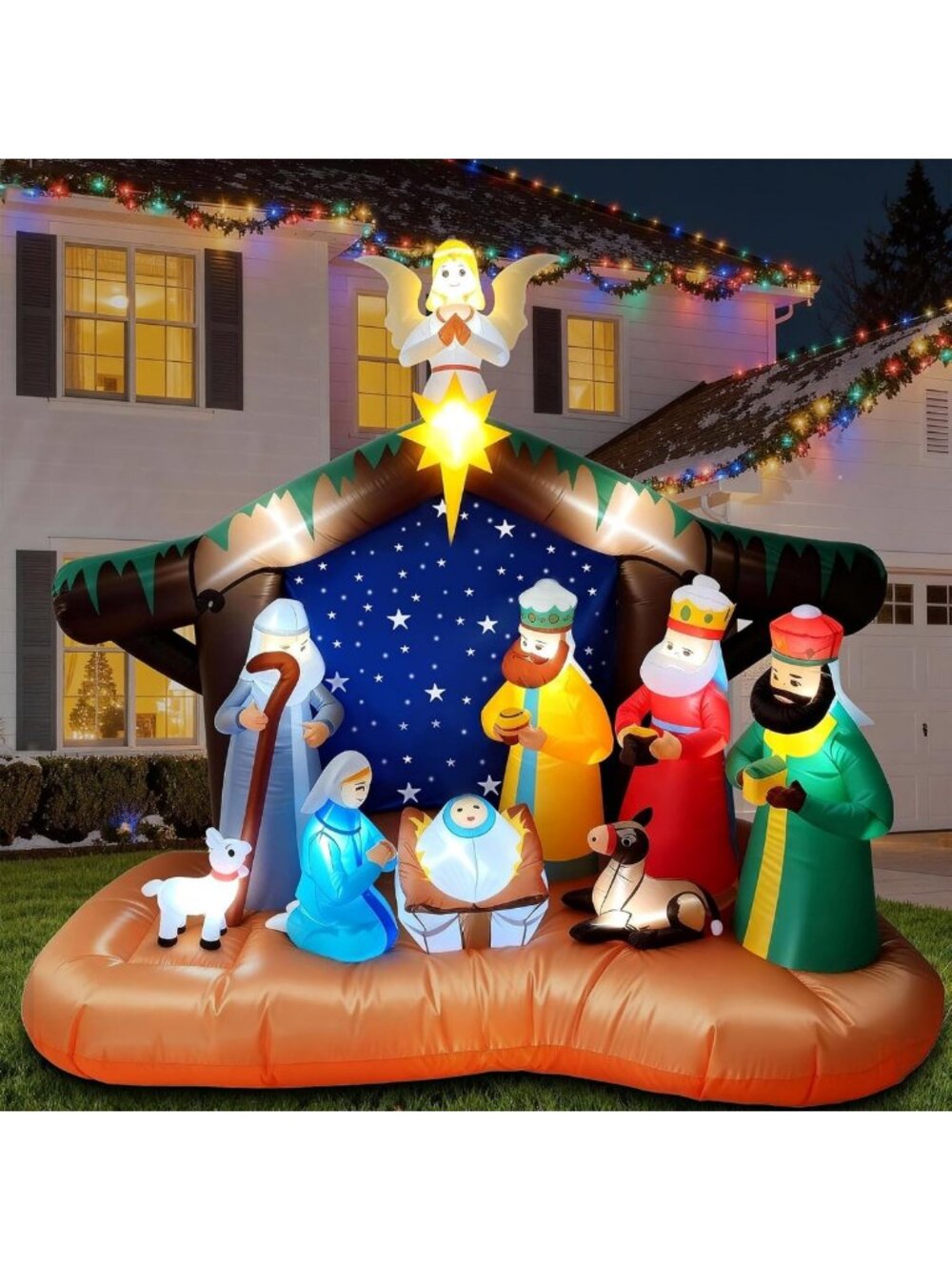 8FT Nativity Scene Christmas Inflatable Yard Decor with LED Lights, Waterproof